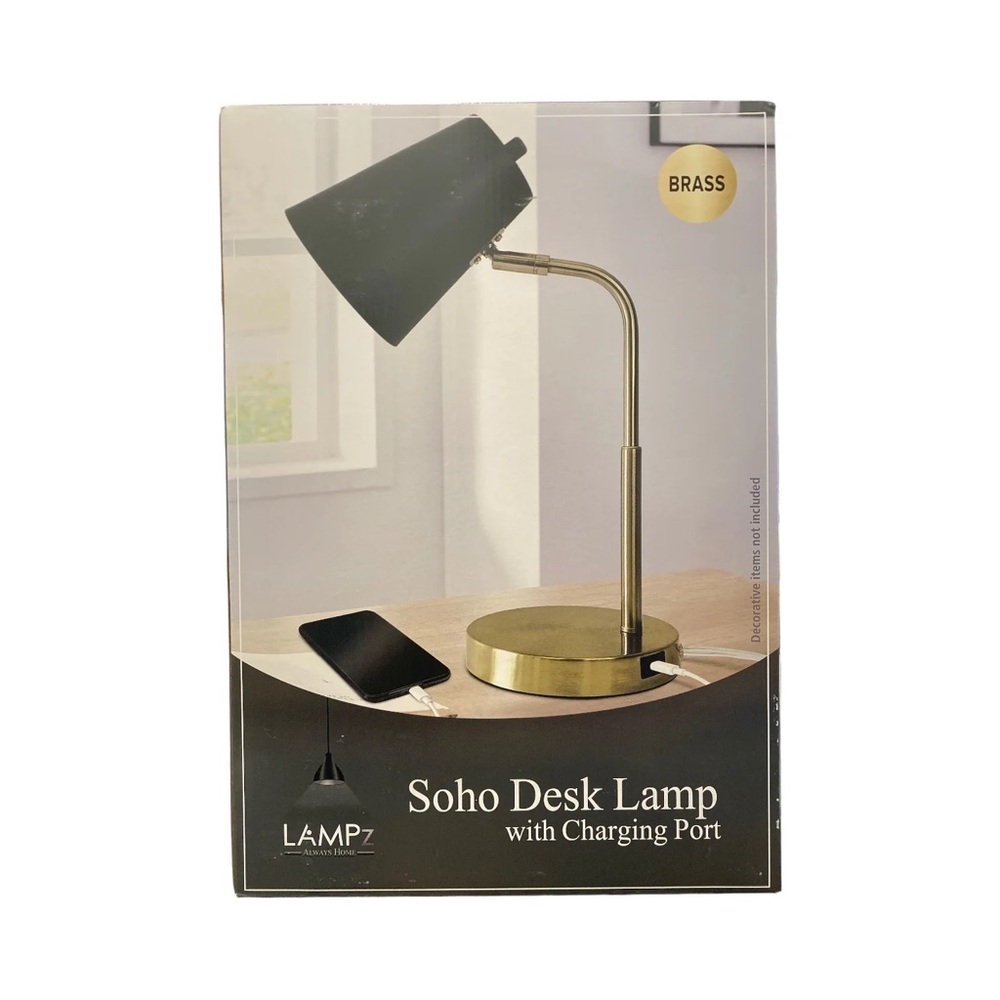 LAMPz Soho Desk Lamp W/Adj Shade & USB-C Charging Port-16.7"White or Black/Brass